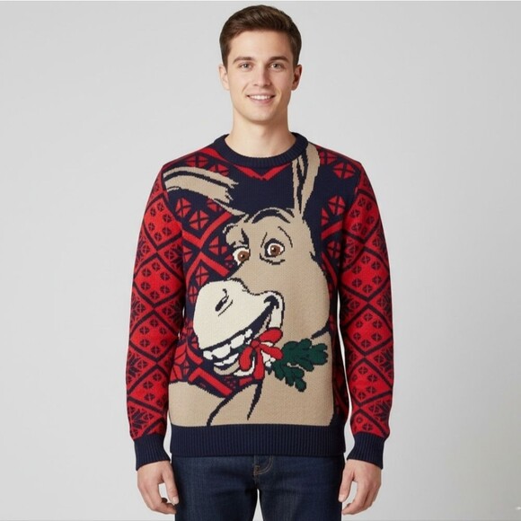 Tipsy Elves 2015 Shrek Donkey Navy Blue & Red Fair Isle Knit Christmas Sweater - Picture 1 of 13